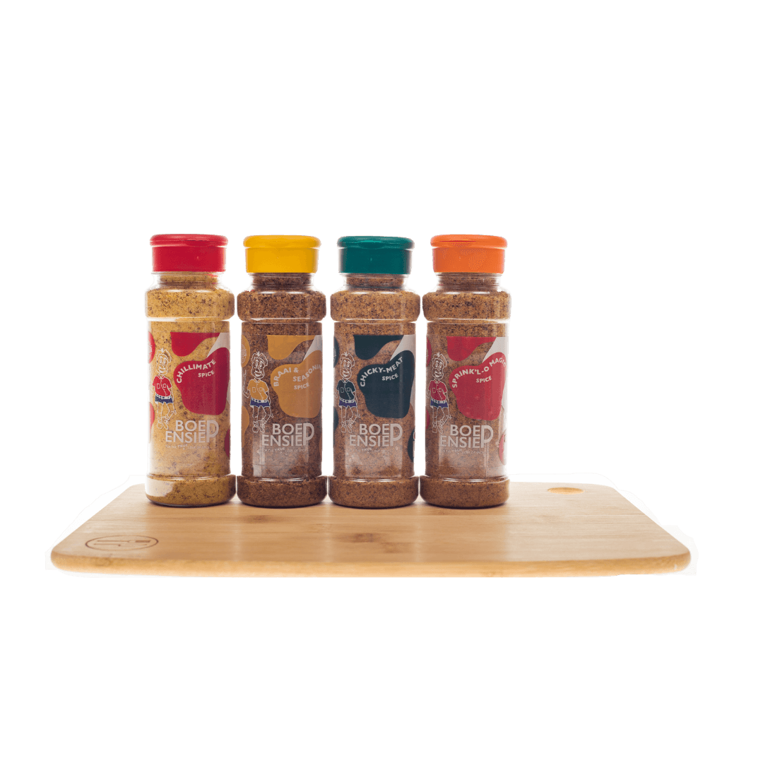 Boepensie Bamboo Board with 4 x 200ml Spices