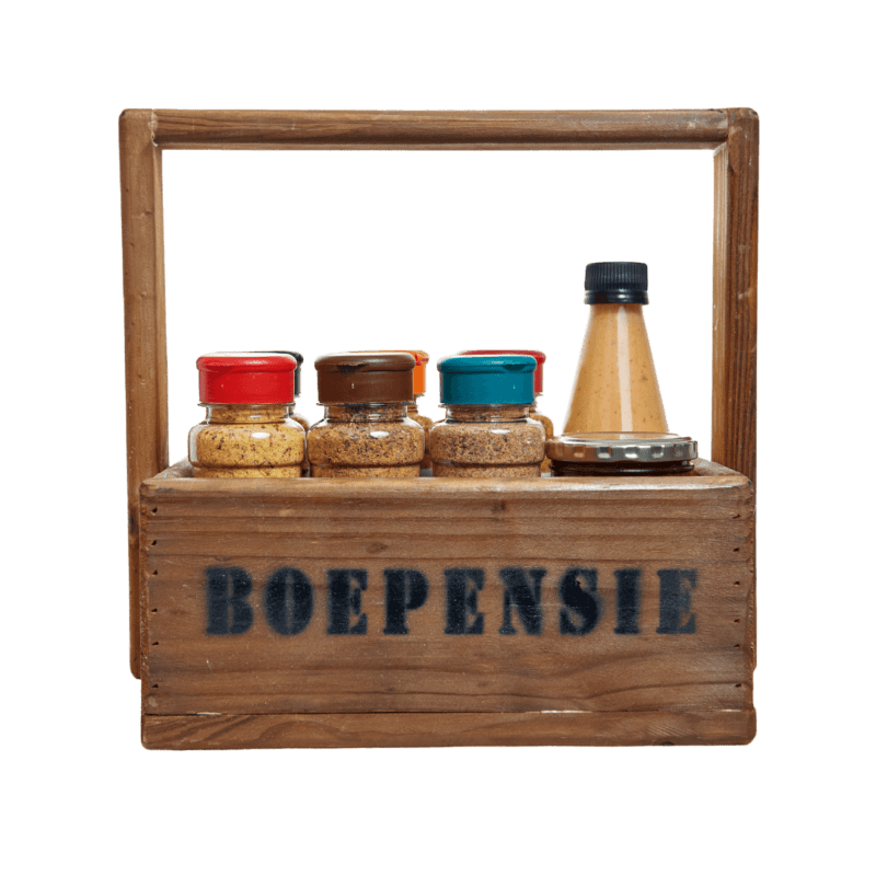 Boepensie Big Wooden Holder with 6 x 200ml Spices, Mayo and Jalapeno